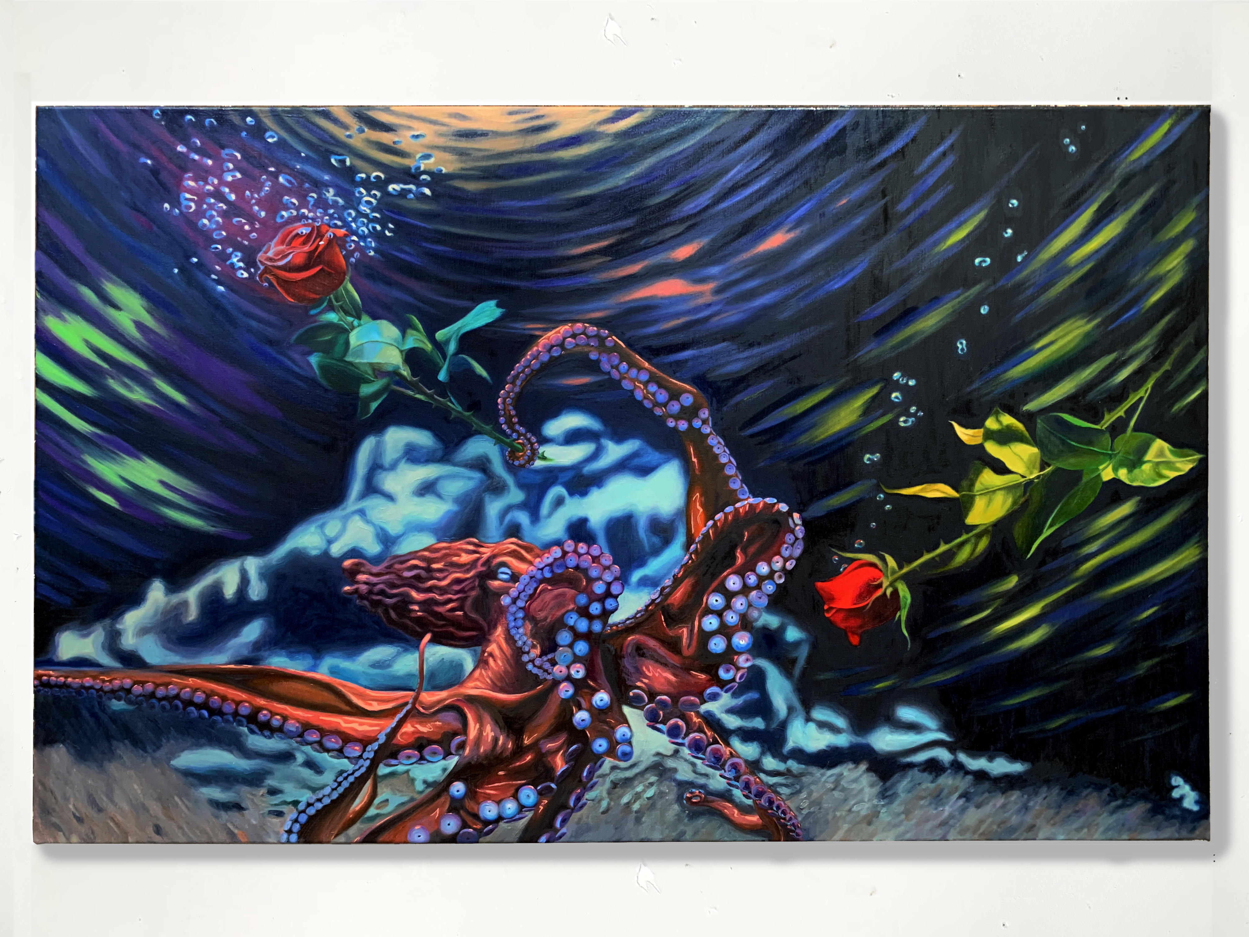 Paradigm Shift, 28x44” 2022 <br>oil on canvas<br><br>As mentioned by wildlife biologist, Alex Jordan, in TBA-21 Academy Radio’s “Ocean Wants”, “I’m contributing in some way to a paradigm shift [...] I’m trying to understand the experience of animals, as a function of what they are experiencing, not through the lens of our (human) experience. [...] It’s not ok if the value of the knowledge of animals is relative to how similar it is to a human.”<br>Alex Jordan’s acclaimed Mirror Test has proven that certain fish species have self awareness. But what does self awareness in an animal mean or look like? As Jordan states, “When I challenge this concept that intelligence or cognition exists [in an animal], I say that the scale is not the same scale. These fish are not trying to get up your (human) ladder.”